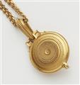 An Archeological Revival 18k gold granulation pearl and diamond locket with chain necklace. - image-3