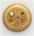 A German 18/21k gold granulation pearl and gemstone disc brooch. - image-1