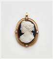 A 14k gold pearl pendant brooch with a layered agate cameo depicting Ceres. - image-1