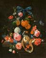 Cornelis de Heem - Stillleben mit Orangen, Rosen, Goldblume und anderen Blumen auf einer Steinplatte mit Walderdbeeren auf einer Wanli-Schale sowie einer geschälten Zitrone, Kirschen und Stachelbeeren - image-1