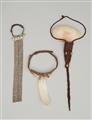 NEW GUINEA ARTEFACTS 
Three ornaments and a gourd lime container and spatula - image-2