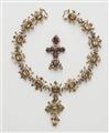 An 18th century silver gilt necklace and cross pendant with cut citrines quartz garnets and paste stones in closed foiled settings. - image-1