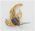 A French 18k gold diamond sapphire and turquoise bird of paradise brooch in the manner of Sterlé. - image-2