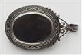 A possibly French late 19th century blackened iron platinum pearl and diamond locket pendant. - image-2