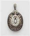 A possibly French late 19th century blackened iron platinum pearl and diamond locket pendant. - image-1