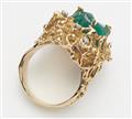 An American 18k textured gold and diamond cocktail ring with synthetic Columbian "Chatham" emerald crystals. - image-2