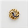 A Russian 14k gold diamond and sapphire swirl rosette brooch with engraved dedication date on the reverse. - image-1