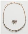 A late 19th century 14k red gold diamond and Oriental pearl fringe necklace and heart brooch. - image-2