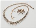 A late 19th century 14k red gold diamond and Oriental pearl fringe necklace and heart brooch. - image-3