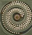 A German three stranded cultured pearl necklace with a circular 18k gold pearl and chrysoberyl cabochon clasp. - image-3