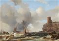 Unknown Artist 19th century - Coastal Landscape with Sailing and Rowing Boats on Choppy Seas and a Round Tower - image-4