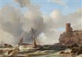 Unknown Artist 19th century - Coastal Landscape with Sailing and Rowing Boats on Choppy Seas and a Round Tower - image-1