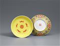 A pair of yellow-ground famille rose dishes. Jiaqing iron-red seal mark and possibly of the period (1796-1820) - image-1