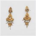 A pair of 18k gold filigree natural pearl and foiled paste dangling earrings. - image-1