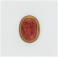 A 14k gold and Mediterranean red coral cameo brooch. - image-1