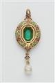 A Victorian 18k gold polychrome enamel, diamond and pearl Holbeinesque pendant with a replaced emerald green glass stone. - image-2