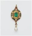 A Victorian 18k gold polychrome enamel, diamond and pearl Holbeinesque pendant with a replaced emerald green glass stone. - image-1