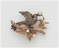 A silver 14k gold diamond and seed pearl brooch depicting a bird on a twig. - image-1