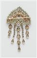 An Edwardian platinum 14k gold diamond and emerald waterfall brooch. - image-3