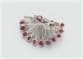 A French 18k white gold diamond and carved ruby Retro style brooch. - image-2