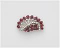 A French 18k white gold diamond and carved ruby Retro style brooch. - image-1