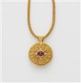 A Greek 18k gold necklace with a granulation and ruby disc pendant. - image-1