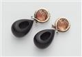 A pair of 14k gold pink tourmaline and polished wood pampil earrings. - image-2