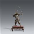 A bronze figure of a samurai on a wooden stand. Late 19th century - image-1