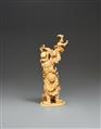 A sectional, lightly stained ivory okimono of a guardian figure with two oni. Late 19th century - image-2