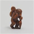 A boxwood netsuke of a monkey with a large gourd. Late 19th century - image-4