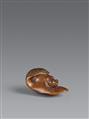 A wood netsuke of a frog on a taro leaf. 19th century - image-1