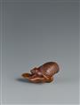 A wood netsuke of a frog on a taro leaf. 19th century - image-2