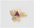 A Retro Style 18k gold platinum synthetic ruby cabochon and diamond brooch. - image-1