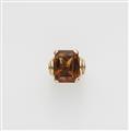 A Retro Style 18k rose gold and large cognac coloured citrine ring. - image-1