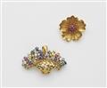Two German 18k gold gemstone and pearl floral brooches. - image-1