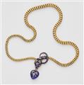 A Victorian flexible 18k gold tubogaz blue enamel and diamond necklace with snake head and heart locket. - image-1