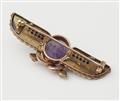 An Austrian Egyptian Revival 14k gold enamel diamond ruby and amethyst winged scarab brooch. - image-2