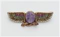 An Austrian Egyptian Revival 14k gold enamel diamond ruby and amethyst winged scarab brooch. - image-1