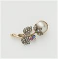 A Belle Epoque 14k gold Mabé pearl, diamond, ruby and sapphire flower brooch. - image-1