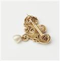 A French Art Nouveau 18k gold, diamond ruby and pearl pendant brooch. - image-2