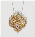 A French 18k gold diamond and ruby love pendant with attatched platinum necklace. - image-1