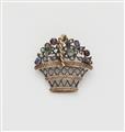 A silver, 8/14k gold diamond and coloured gemstone brooch formed as a basket of flowers. - image-1