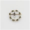 A Belle Epoque 18k gold translucent enamel, diamond and pearl wreath brooch. - image-1