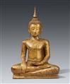 Großer, sitzender Buddha Shakyamuni. Bronze, über Schwarzlack vergoldet. Thailand. Um 18. Jh. - image-1