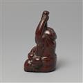 A large and unusual wood netsuke of a yawning Okame with a baby. 19th century - image-2