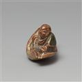 A painted softwood netsuke of a monk on a leaf. 18/19th century - image-2