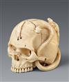 An ivory okimono-type netsuke of a skull and sansukumi. Second half 19th century - image-1