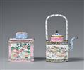 A Canton painted enamel on copper wine pot and tea caddy. 18th century - image-2