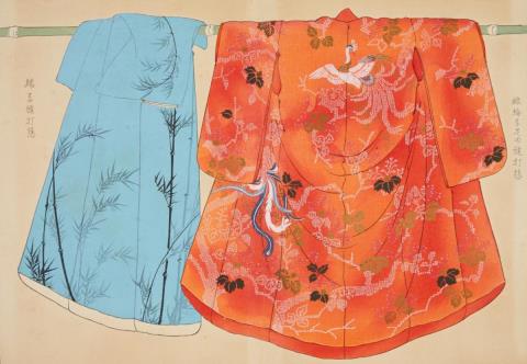 Narajiro Takeda - 35.9 x 24.4 cm. Misebaya. Album or sales catalogue with kimono designs for the textile store Daimaru Gofuku-ten in Kyoto. Three pages calligraphy, one double page poem, 13 doubl...