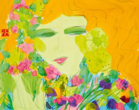Walasse Ting - Lady with orange hair and flowers. 